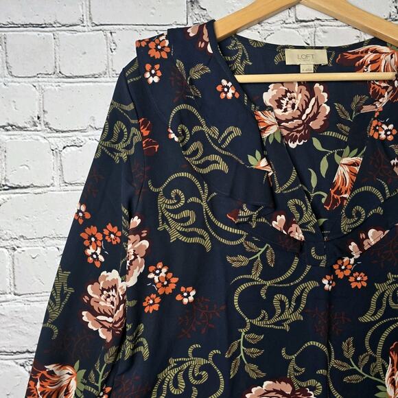 Loft Dark Ruffle Navy Blue Ruffle Accent Collar Sheer Blouse Size Medium - Picture 4 of 10